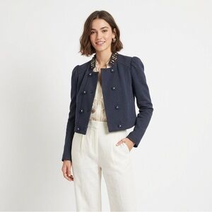 Rebecca Taylor Cropped Y2K Embellished Jacket Navy Blue Size 2 Vintage